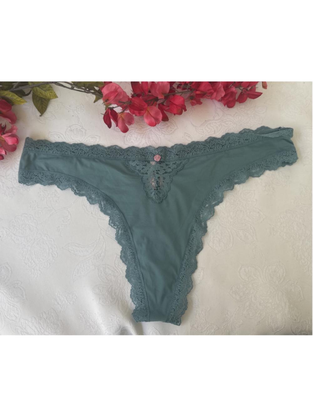 VICTORIA'S SECRET XL GREEN DREAM ANGELS SILKY W LACE & BOW THONG PANTIES NWT